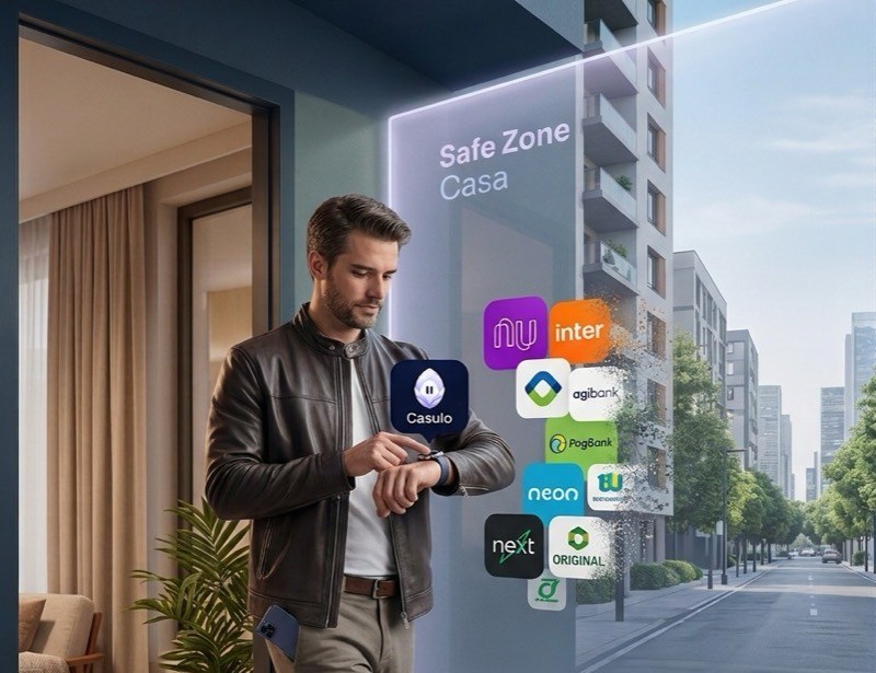 Homem saindo de casa enquanto os ícones dos apps de banco se dissolvem ao cruzar a zona segura