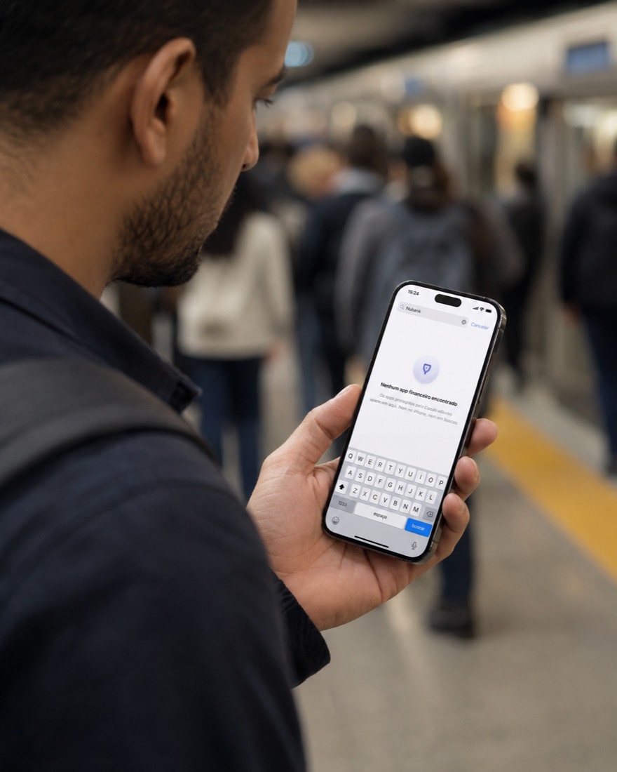 Pessoa usando o celular numa plataforma de metrô cheia
